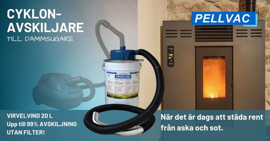 En pelletskamin och asksug Virvelvind