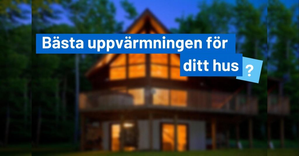 Bild på hus med lampor tända. Banner med text. Frågar vad som är bäst uppvärmning för ditt hus.