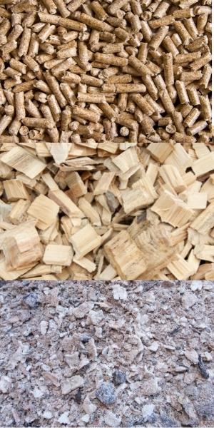 Kollage av Pellets, träflis och aska